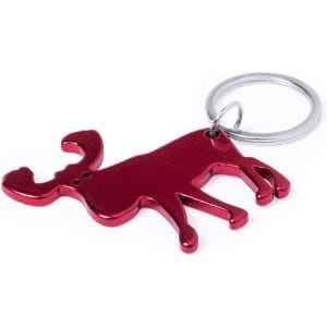 A red metal keyring shaped like a moose, featuring a keyring attachment.