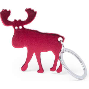 A bright red moose-shaped keyring with a bottle opener feature, attached to a metal keyring.