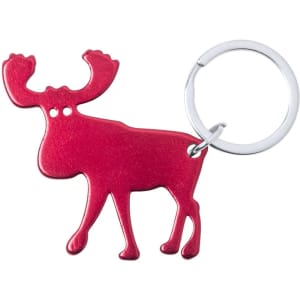 A drink bottle opener keyring shaped like a red moose with a silver keyring attachment.