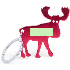 A drink bottle opener keyring in the shape of a red moose, featuring a keyring attachment and a branding area.