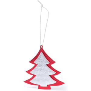 A red and silver Christmas tree-shaped decoration with a white hanging string.
