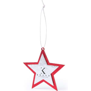 A red star-shaped Christmas decoration with a silver centre and a white hanging string, featuring a logo.