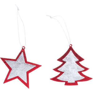 A red and silver Christmas decoration set featuring a star and a tree shape, each with a hanging cord.