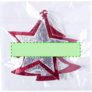 A silver and red star-shaped Christmas decoration in a clear packaging with a logo.