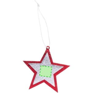 A red and silver glitter star ornament with a loop for hanging. Features a blank space for personalisation.