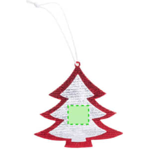 A red and white Christmas tree decoration with a blank centre, featuring a hanging loop.