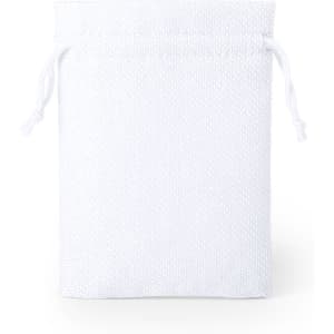 A white canvas bag with a drawstring closure, featuring a simple design and no visible branding.