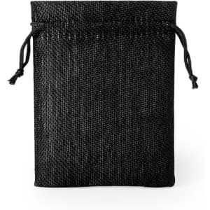 A black fabric drawstring bag with a textured surface and a closed top. Features a logo.