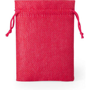 A red drawstring bag made from textured material, featuring a simple design and a logo.