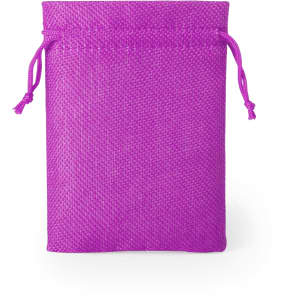A purple fabric bag with a drawstring closure and a textured surface. It features a logo on the front.
