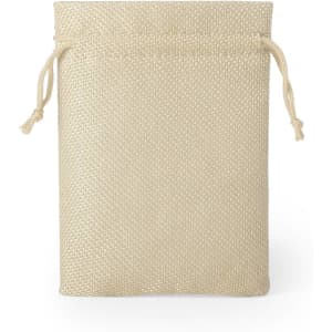 A beige drawstring bag made from a textured fabric, with a simple closure mechanism at the top.