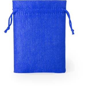 A blue drawstring bag made from textured fabric, featuring a simple design and an adjustable closure.