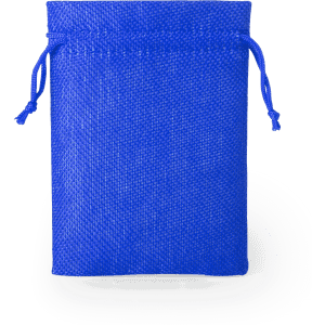 A blue drawstring bag with a textured surface, featuring a logo on the front.
