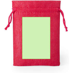 A red fabric bag with a drawstring closure and a blank green panel in the centre. It has a branding logo.