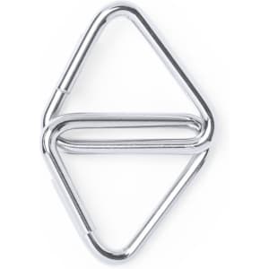 A triangular metal hook with a shiny silver finish, featuring two interlocking sections.
