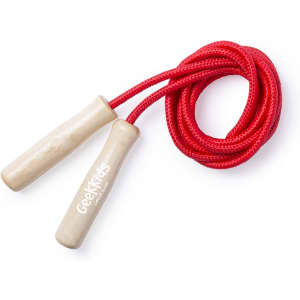 A red skipping rope with wooden handles and a logo, designed for leisure and outdoor activities.