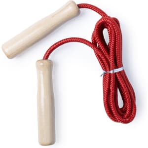A skipping rope with red rope and wooden handles, featuring a simple design suitable for outdoor leisure activities.