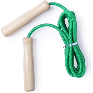 A green skipping rope with wooden handles, featuring a braided rope design.