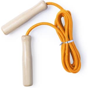 A skipping rope with wooden handles and an orange cord. The design includes a branding logo on the handle.