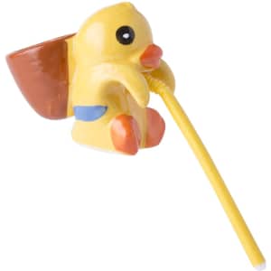 A yellow duck-shaped flowerpot with a straw attached, featuring orange and blue accents.