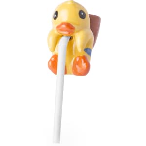 A colourful duck-shaped flowerpot with a white stem, featuring bright orange and yellow accents.