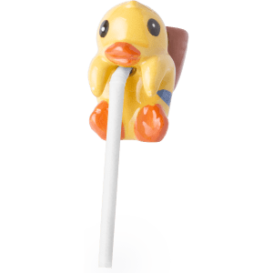 A yellow decorative flowerpot in the shape of a duck, featuring a white straw and brown back.