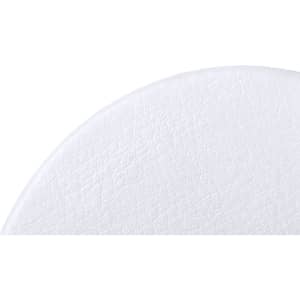 A circular white pocket mirror with a textured surface. It features a logo on the back.