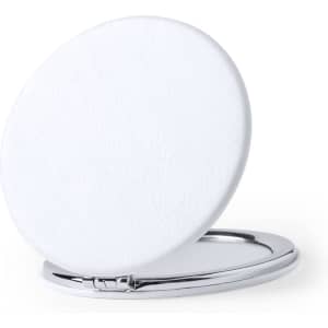 A round white pocket mirror with a shiny silver rim, partially opened. It features a logo on the back.