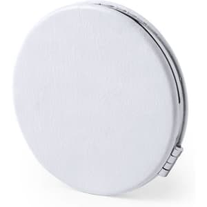 A round, white pocket mirror featuring a textured surface and a clasped hinge, suitable for personal use.