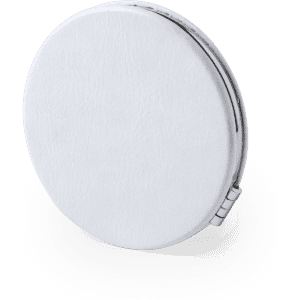 A round white pocket mirror with a shiny metal edge and a hinged opening. Features a branding logo.