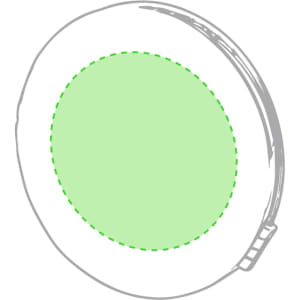 A round, white pocket mirror with a light green reflective surface, featuring a logo on the back.