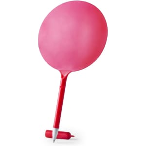 A pink writing pen with a large circular top, featuring a plastic body and a removable cap. It has a logo.