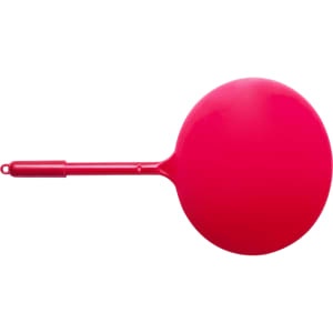 A bright pink plastic pen with a round, wide barrel and a long, slender tip. The pen features a logo.