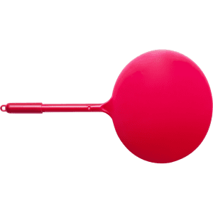 A bright pink plastic pen with a circular end and a pointed tip, featuring a branding logo.