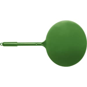A green plastic pen with a round, flat top and a slender barrel. The pen features a branding logo.