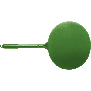 A green plastic pen with a round top and a long, slender barrel, featuring a logo on the body.