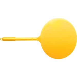 A bright yellow plastic pen with a round, flat top and a slender barrel. It features a branding logo on the surface.