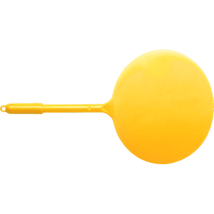 A yellow plastic pen with a circular body and a long, slender tip. It features a branding logo.