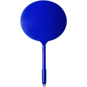 A blue plastic pen with a round, flat top and a slender handle. The pen has a logo on its body.