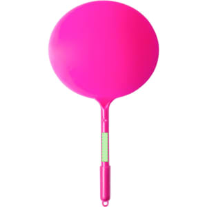 A pink plastic pen with a round, flat top and a green section on the barrel, featuring a logo.