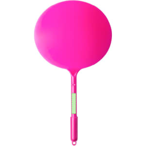 A bright pink plastic pen with a round top and a green grip band. It features a logo on the barrel.