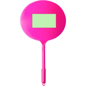 A round pink writing pen with a flat handle and a rectangular green area on the front, featuring a logo.