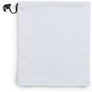 A white neck warmer with a drawstring closure, designed as headwear. It includes a branding logo.