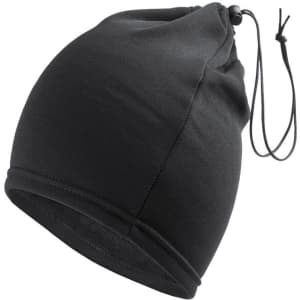 A black neck warmer and hat with a drawstring, designed for headwear. It features a smooth, stretchy fabric.