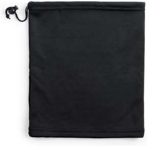 A black neck warmer with a drawstring closure, designed for warmth and comfort.