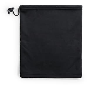 A black neck warmer with a drawstring, suitable for outdoor wear. It includes a branding logo.