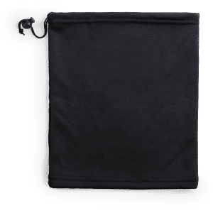 A black neck warmer with an adjustable drawstring, designed for use with headwear. Features a simple, minimalist design.