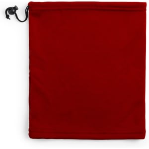 A red neck warmer with a pull cord at the top. Features a simple design without any visible branding.
