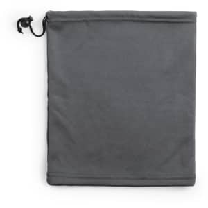 A grey neck warmer with a drawstring at the top. Designed for warmth and comfort, suitable for headwear.