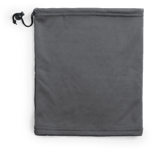 A dark grey neck warmer with a drawstring, designed for headwear, featuring soft fabric.